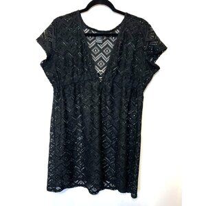 Catalina Black Lace Swim Cover-Up Dress Plunge Neckline Geometric Pattern Medium